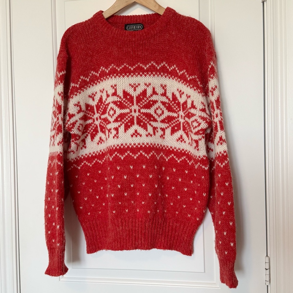 Vintage Capricorn Red and White Wool Blend Winter Holiday Ski Sweater, XL